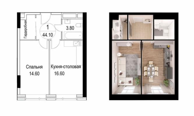 Планировка однокомнатной квартиры в ЖК "Байконур"