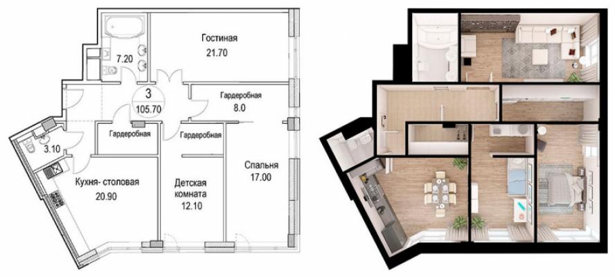 Планировка трехкомнатной квартиры в ЖК "Байконур"