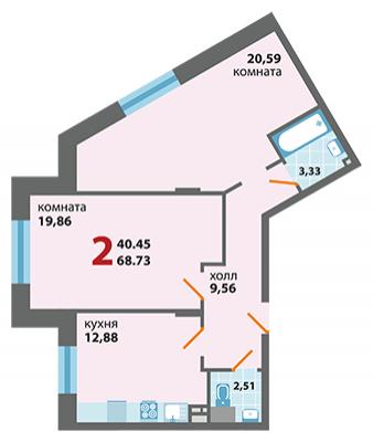 Планировка двухкомнатной квартиры в ЖК "Большие Мытищи"