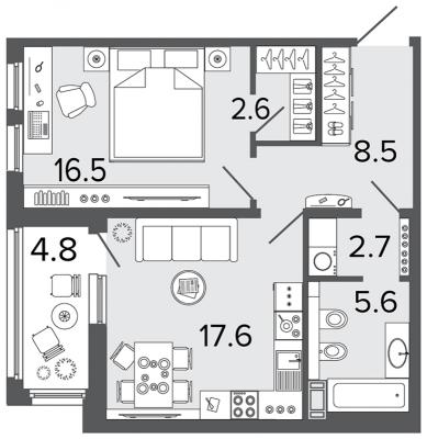 Планировка однокомнатной квартиры в ЖК "Созидатели"