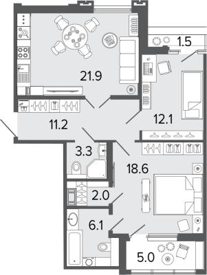 Планировка двухкомнатной квартиры в ЖК "Созидатели"