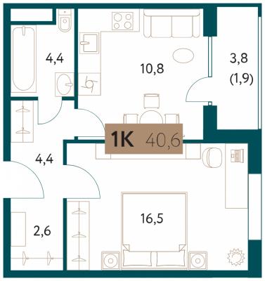 Планировка однокомнатной квартиры в ЖК "Настоящее"