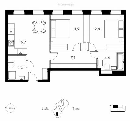 Планировка двухкомнатной квартиры в ЖК "Bauman House"