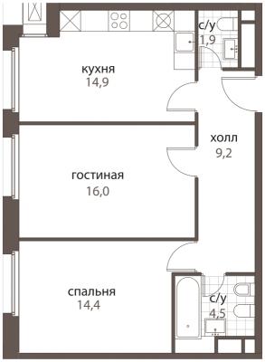 Планировка двухкомнатной квартиры в ЖК "HomeCity"