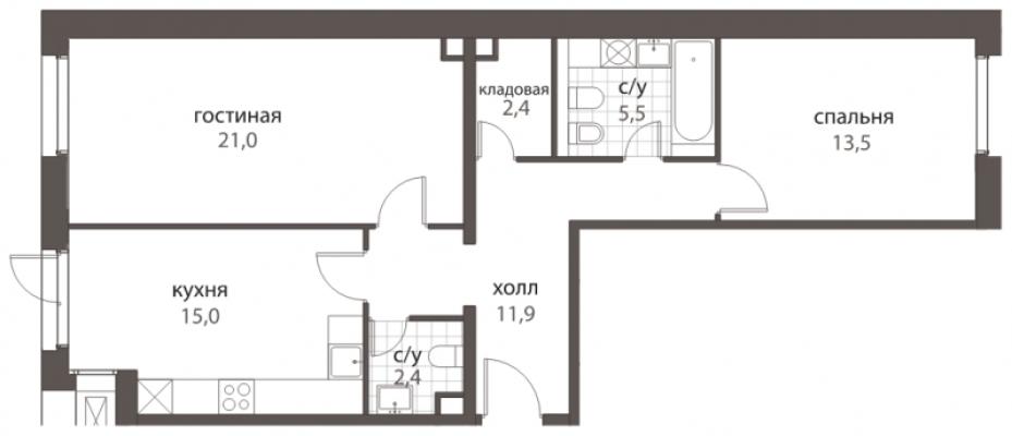 Планировка двухкомнатной квартиры в ЖК "HomeCity"