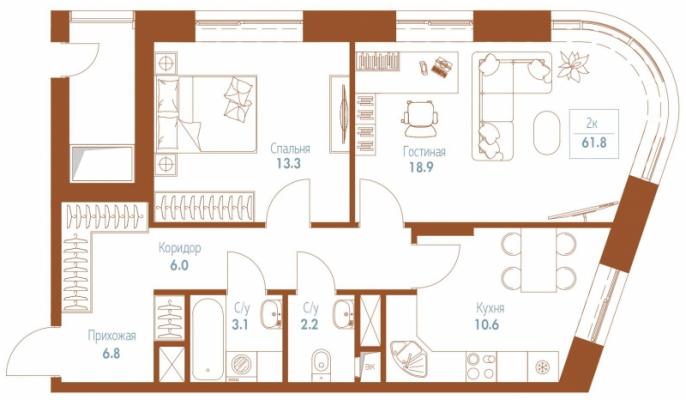 Планировка двухкомнатной квартиры в ЖК "MONODOM FAMILY"