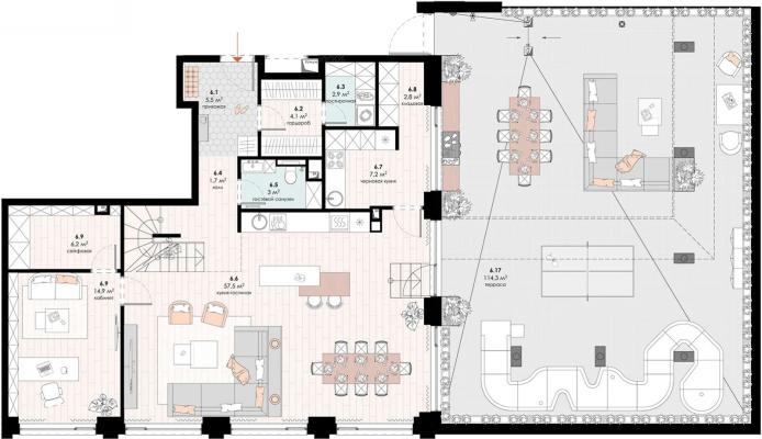 Планировка трехкомнатной квартиры в ЖК "Kazakov Grand Loft"