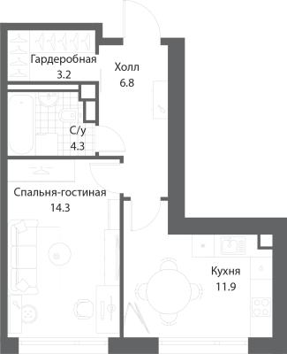 Планировка однокомнатной квартиры в ЖК "Nagatino i-Land"