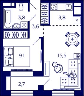 Планировка однокомнатной квартиры в ЖК "Tau House"