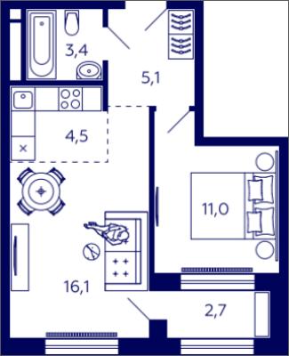Планировка однокомнатной квартиры в ЖК "Tau House"