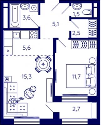 Планировка однокомнатной квартиры в ЖК "Tau House"