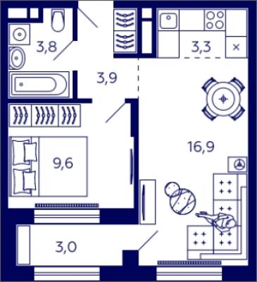 Планировка однокомнатной квартиры в ЖК "Tau House"