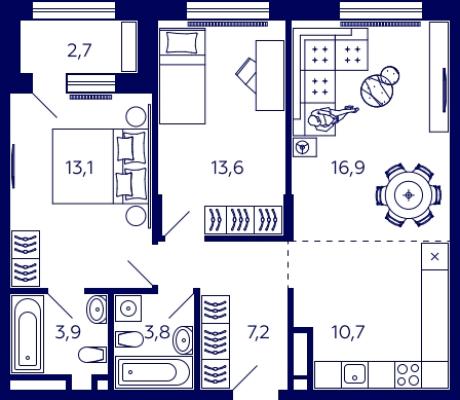 Планировка двухкомнатной квартиры в ЖК "Tau House"