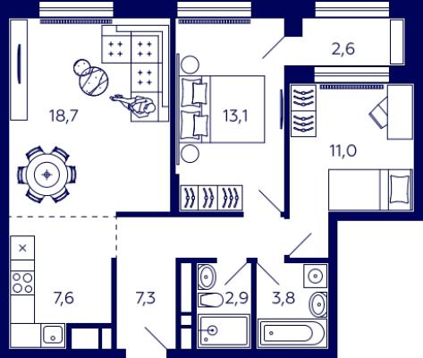 Планировка двухкомнатной квартиры в ЖК "Tau House"