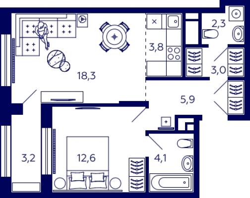 Планировка однокомнатной квартиры в ЖК "Tau House"