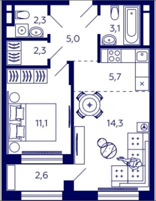 Планировка однокомнатной квартиры в ЖК "Tau House"