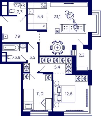 Планировка двухкомнатной квартиры в ЖК "Tau House"