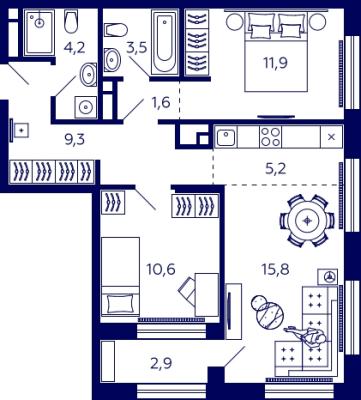 Планировка двухкомнатной квартиры в ЖК "Tau House"