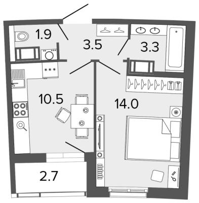Планировка однокомнатной квартиры в ЖК "ULTRA CITY"