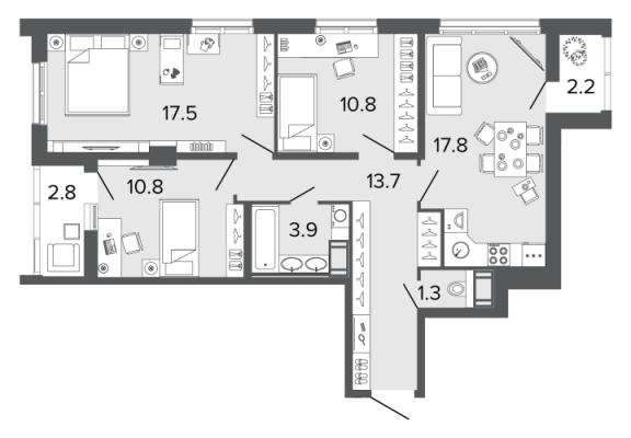 Планировка трехкомнатной квартиры в ЖК "ULTRA CITY"