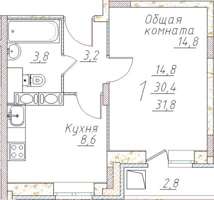 Планировка однокомнатной квартиры в ЖК "Полет Купавна"