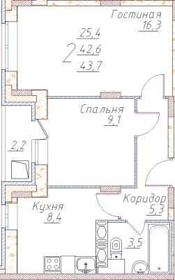 Планировка двухкомнатной квартиры в ЖК "Полет Купавна"