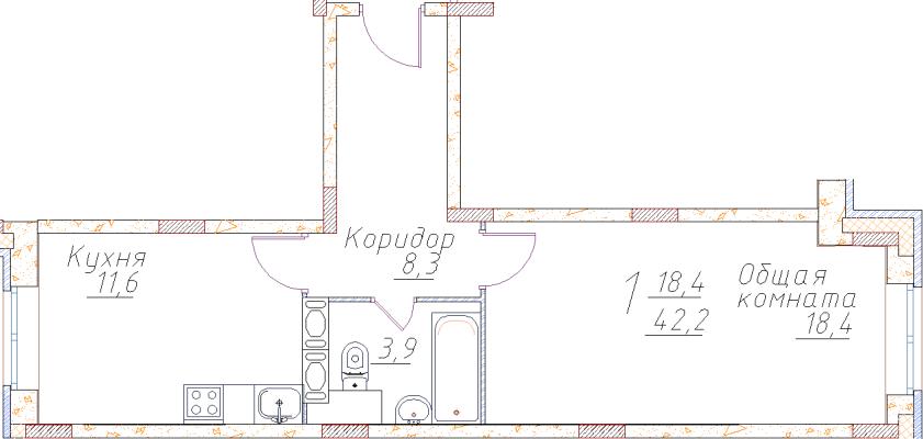 Планировка однокомнатной квартиры в ЖК "Полет Купавна"
