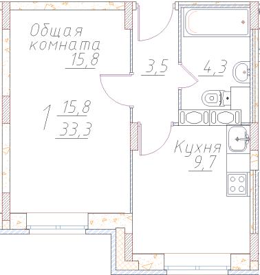Планировка однокомнатной квартиры в ЖК "Полет Купавна"