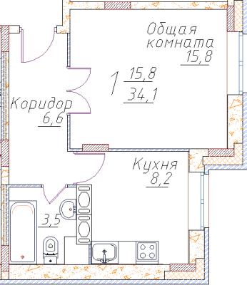 Планировка однокомнатной квартиры в ЖК "Полет Купавна"