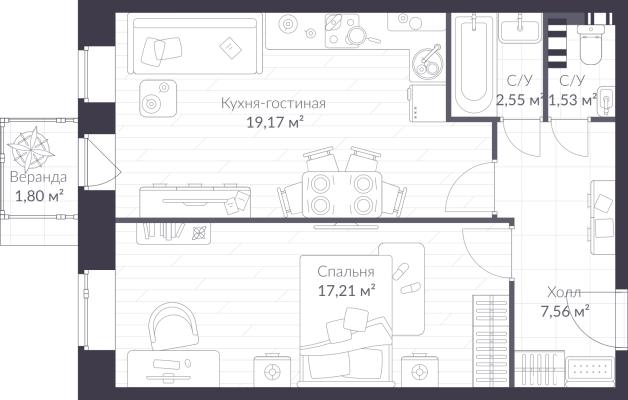Планировка однокомнатной квартиры в ЖК "VEREN VILLAGE Стрельна"