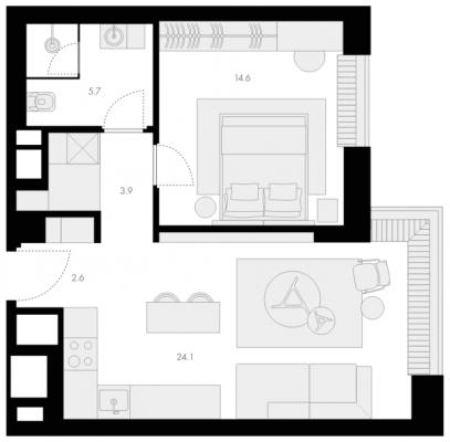 Планировка двухкомнатной квартиры в ЖК "Поклонная 9"