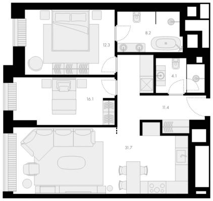 Планировка трехкомнатной квартиры в ЖК "Поклонная 9"